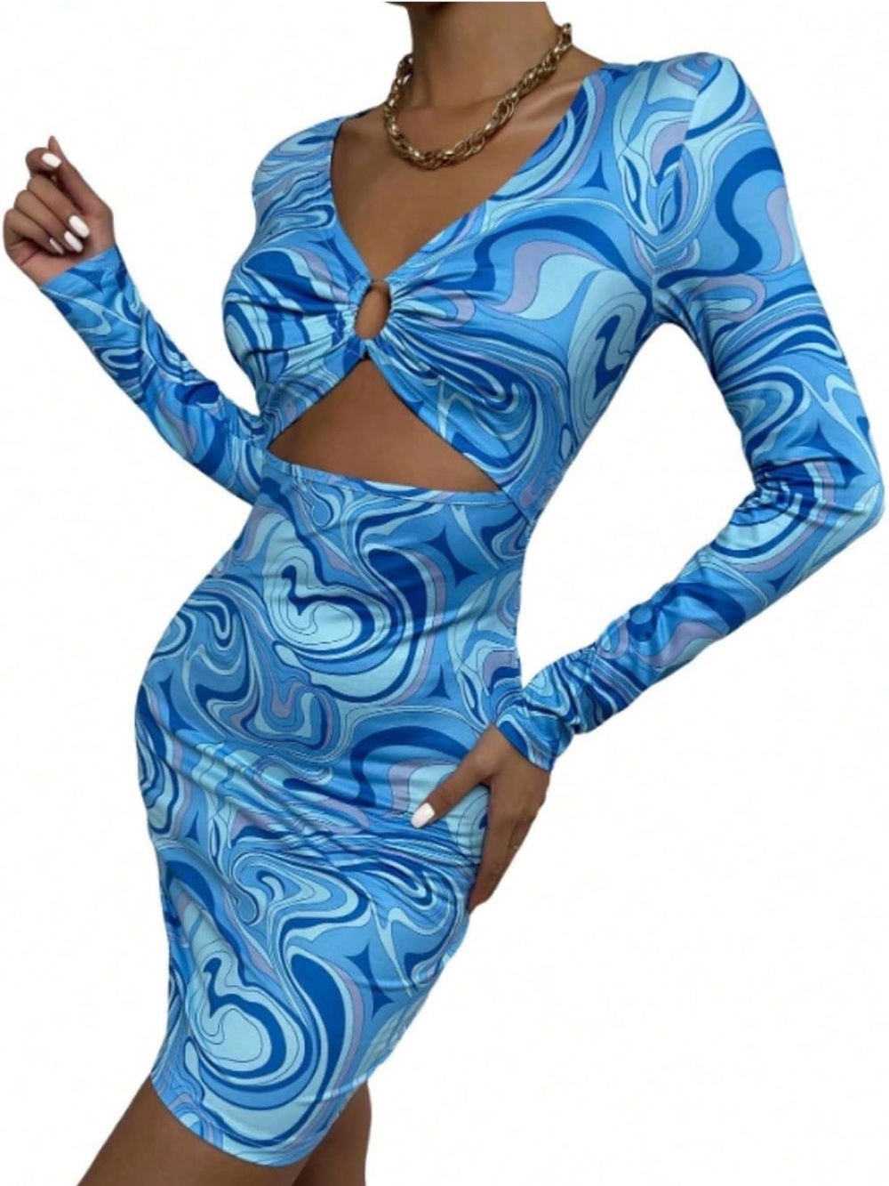 Blue Swirl Cutout Dress - 70’s Retro - Size Small